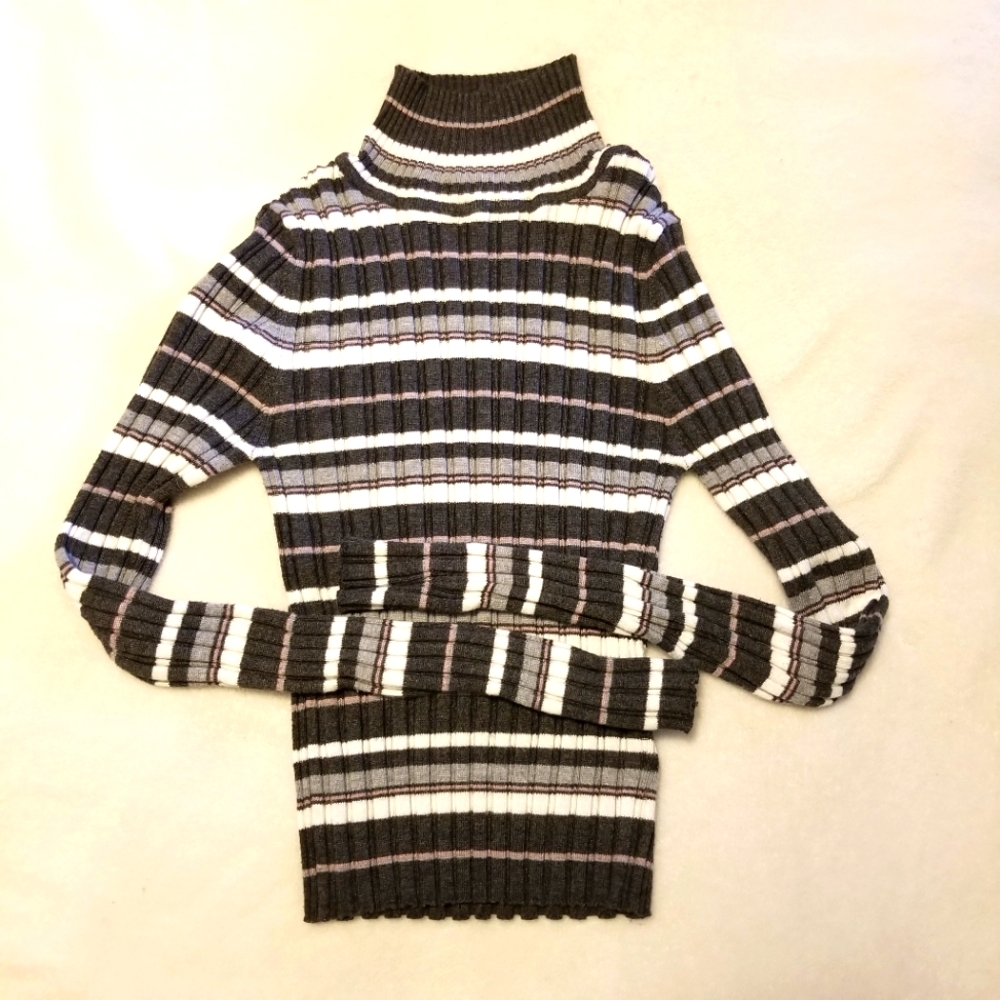Pink Republic Juniors Green Striped Long Sleeve High Neck Ribbed Top XS
